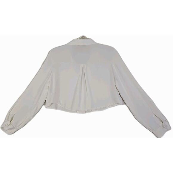 ZARA~Woman Sz. M~White Sutin Effect Cropped Button-Down Silky Shirt Long Sleeve - Picture 6 of 11